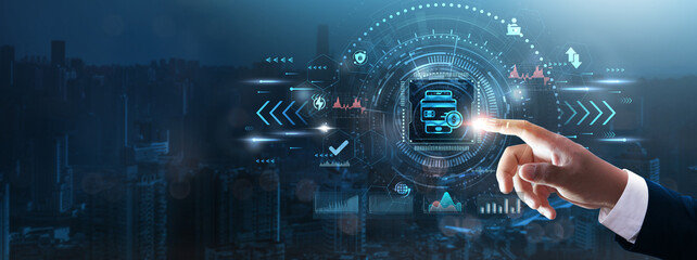 Digital Payments: Businessman’s hand touching futuristic technological interface, secure transactions, mobile wallets, online banking, cashless business operations and technology concept.