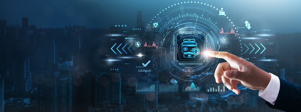 Digital Payments: Businessman’s hand touching futuristic technological interface, secure transactions, mobile wallets, online banking, cashless business operations and technology concept.