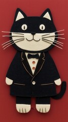 Elegant tuxedo cat fabric art display children's book vibrant red background creative concept