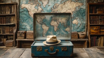 Vintage suitcase, hat, world map, library, travel