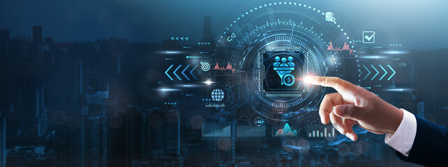 Lead Generation: Businessman’s hand touching futuristic technological interface, customer acquisition, marketing automation, prospect engagement, and business growth technology concept.