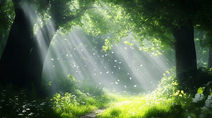 Obraz premium A tranquil forest trail with dappled sunlight filtering through the canopy and the sound of rustling leaves
