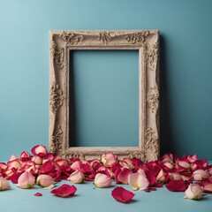 Elegant empty frame adorned with scattered rose petals on a tranquil blue background creates a serene atmosphere for artistic expression