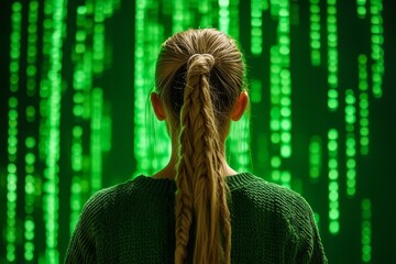 A woman is positioned in front of a captivating green background filled with matrix code