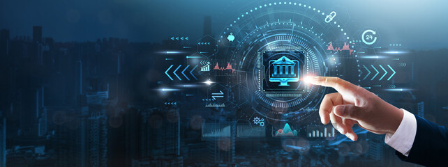 Online Banking: Businessman’s hand touching futuristic technological interface, secure transactions, digital wallets, mobile banking, and financial technology concept.