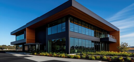 Obraz premium Modern office building, sunny day, landscaped grounds. Use Real estate, architecture
