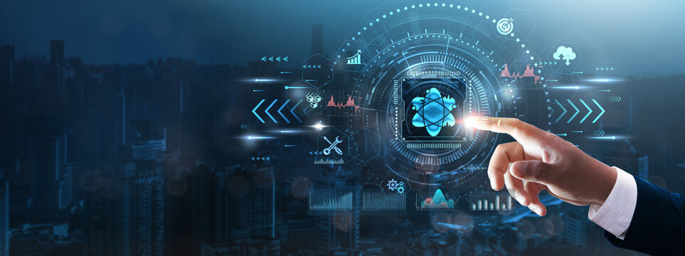 Quantum Computing: Businessman&rsquo;s hand touching futuristic technological interface, computational power, data processing, problem-solving, advanced business analytics, and technology concept.