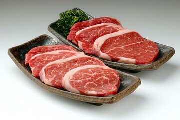 Fototapeta premium Fresh marbled raw beef ribeye steaks arranged on rustic ceramic plates with garnish, showcasing premium meat quality and natural marbling pattern.