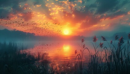 Fototapeta premium A beautiful sunset over a lake with birds flying in the sky