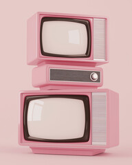 Stack of three vintage pink televisions with blank screens, retro media concept, nostalgic...