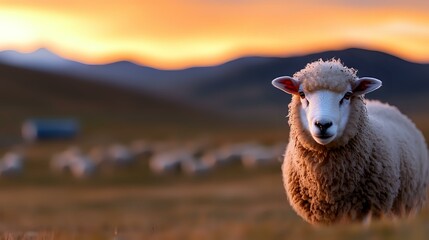 Fototapeta premium White fluffy sheep looking at camera in mountain landscape during golden sunset hour, warm orange sky and silhouetted hills create peaceful rural scene.