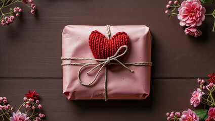 Celebrate love with a beautifully wrapped gift box adorned with a handmade heart on Valentine's Day surrounded by blossoming flowers