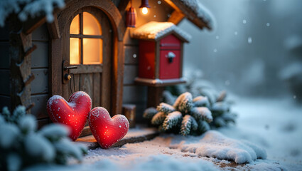 Charming winter love nest adorned with hearts in a snowy forest setting on Valentine's Day