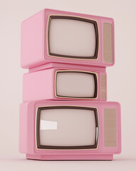 Stack of three vintage pink televisions with blank screens, retro media concept, nostalgic...