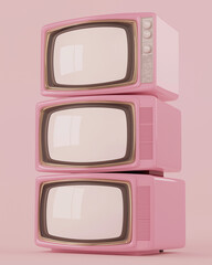 Stack of three vintage pink televisions with blank screens, retro media concept, nostalgic...