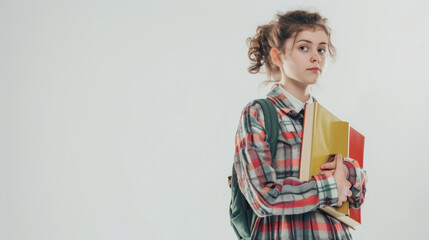 Fototapeta premium portrait of a young schoolgirl carrying books isolated on white