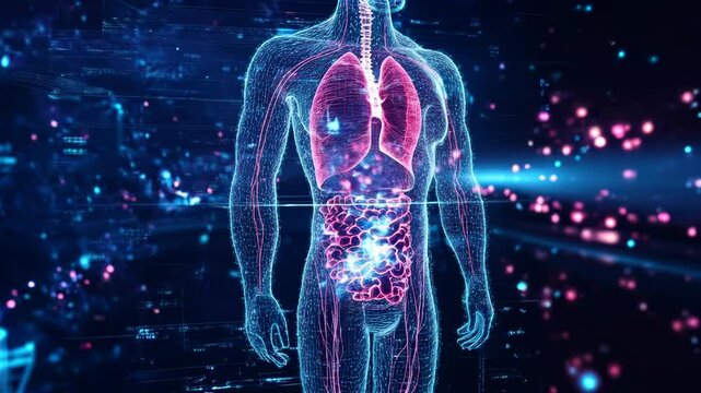 A digital representation of the human body displaying internal organs in a futuristic holographic style.