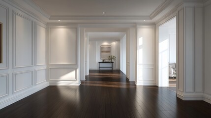 Fototapeta premium Perspective of white empty room and dark laminate floorclassic interior styleblank space architecture