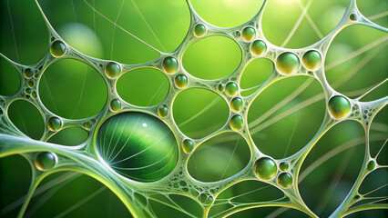 Delicate, translucent circles overlap against a vibrant green background, creating an intricate web-like effect. Light filters through the circular shapes, giving a sense of depth and luminosity.AI