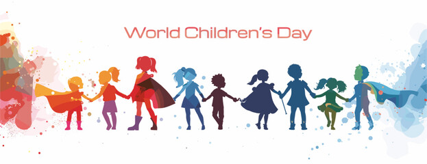 World Children's Day banner with colorful silhouettes of children dresses with super heroes costumes