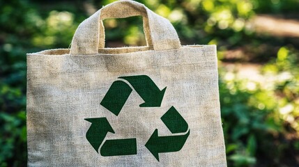 Close-up of a reusable canvas bag featuring a green recycling symbol, advocating for environmental awareness and responsible consumption
