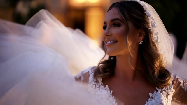 Exquisite Slow Motion Capture of a Bride Spinning in Her Flowing Wedding Dress &ndash; A breathtaking, high-definition moment of pure bridal elegance and dynamic, joyful movement on her special day.