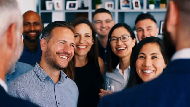 Engaging Office Moment: Coworkers Listen Attentively as a Man Delivers a Lighthearted, Witty Joke &ndash; A high-definition, candid capture of workplace camaraderie and spontaneous humor.