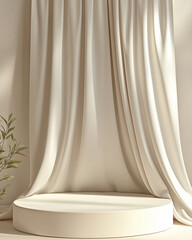 Minimalist cream-colored fabric draped elegantly with soft folds, luxurious interior background concept for branding, product showcase, or high-end photography setup