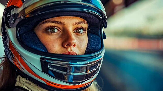 Young Caucasian female racer in helmet focusing at racetrack. Woman gazes intently pre-race. Determination evident in driver's eyes. Focused athlete ready for competition. Racetrack environment