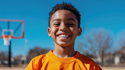 Happy boy smiles outdoors, basketball court background.  Use  Website, ad, campaign
