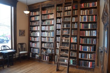 Tall bookshelves reaching to the ceiling and an antique ladder for searching for books
