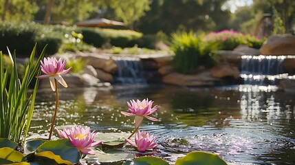 A tranquil garden with a small pond, blooming water lilies, and the sound of a gentle breeze