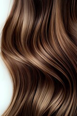 Fototapeta premium Flowing waves of brunette hair with caramel balayage highlights on white background, showing natural shine and movement for hair salon advertising.