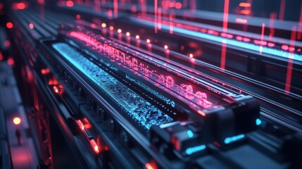 Fototapeta premium A detailed look at a conveyor belt equipped with IoT sensors with data transmitted wirelessly to a central system encapsulating how ML models analyze throughput and workflow dynamics
