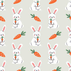 Vector kids easter seamless pattern with cute funny bunnies and carrots in flat design. Cute funny baby rabbits design on gray background. Wrapping paper or fabric design. Kawaii seamless pattern.