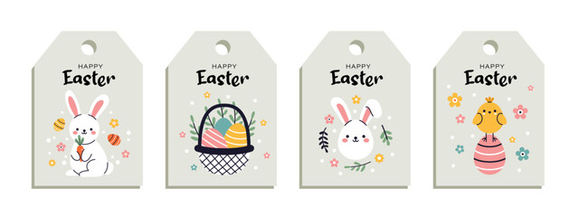 Vector cute trendy set of gift tags with Happy Easter text with eggs, cute bunny and chick. Labels collection perfect for holiday design.