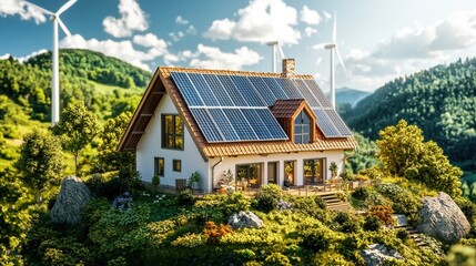 Obraz premium Eco-friendly house with solar panels and wind turbines, symbolizing sustainable living. Ideal for environmental awareness campaigns.