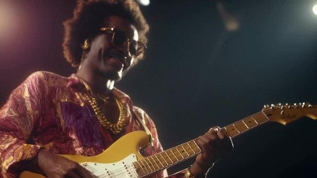 Afro-American Musician Playing Funky Electric Guitar with Passion and Energy, Focused on Performance, Isolated on Solid Background