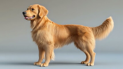 Golden retriever dog standing in side view with fluffy coat and friendly expression against neutral gray background, studio lighting highlights soft fur texture.