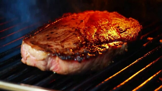 Sizzling Steak Close-Up with Juices Bubbling and Caramelized Crust Under Broiler, Perfectly Grilled Meat Texture and Aromatic Flavor Details