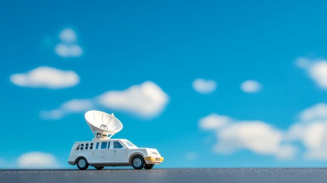 A boardcast white satellite mobile car with blue sky background