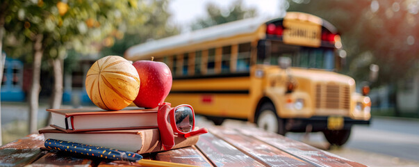 School supplies and nutritious snacks displayed on a picnic table outdoors near a school as a school bus departs in the distance