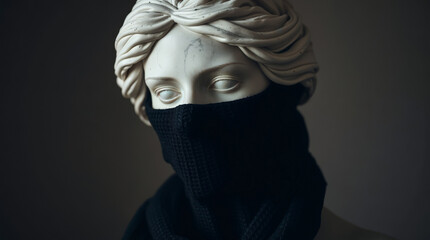 Marble statue covering face with black ski mask