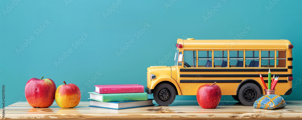 Poster school supplies resting on a desk with ample space for text on a turquoise backdrop