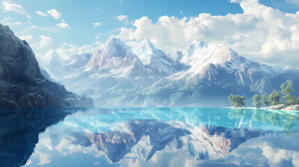 Majestic mountain peaks reflected in crystal clear water of an infinity pool , infinity pool, resort, reflection. Crystal Peaks. Illustration