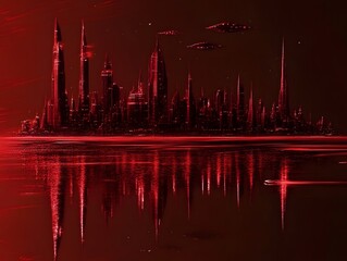 Obraz premium Futuristic Red Cityscape at Night with UFOs