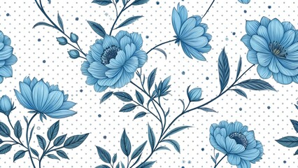 Blue flowers on white dotted background. Vector seamless pattern. Best for textile, wallpapers, home decoration, wrapping paper, package and web design.
