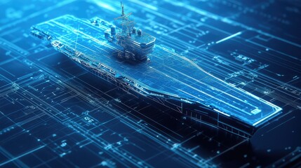 A futuristic aircraft carrier model on a digital blueprint background.