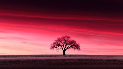 Obraz premium Lone tree silhouette at vibrant red sunrise, peaceful field, nature scene, perfect for serenity, calmness themes