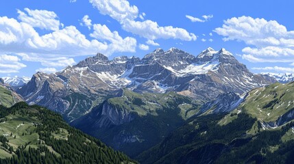 Majestic mountain range under a clear blue sky, showcasing lush valleys and rugged peaks